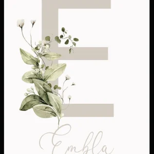 Namntavla Bokstav med blommor beige